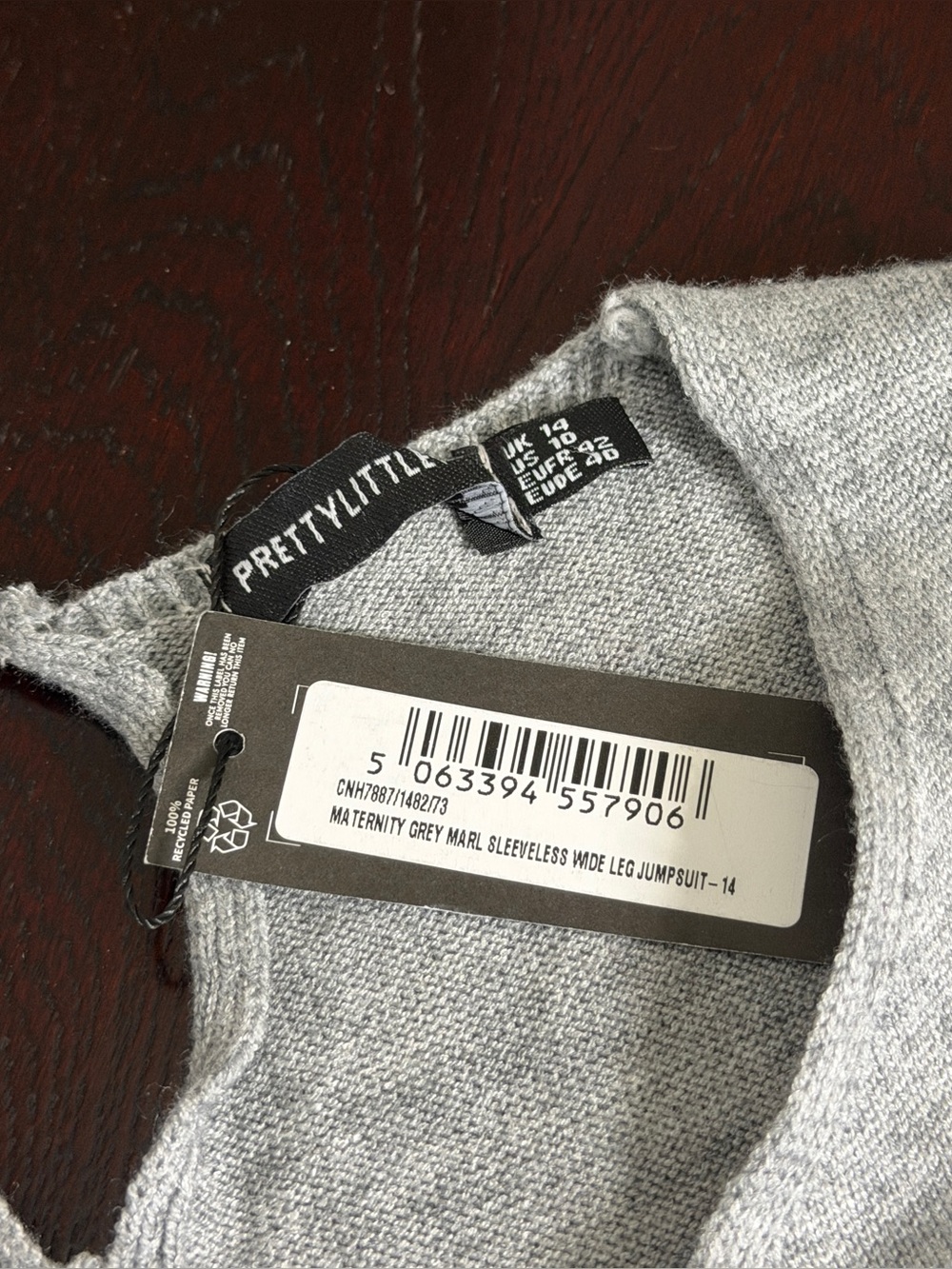 PrettyLittleThing 10 Gray Sleeveless Maternity Wide Leg Knit Jumpsuit NEW - Picture 5 of 7